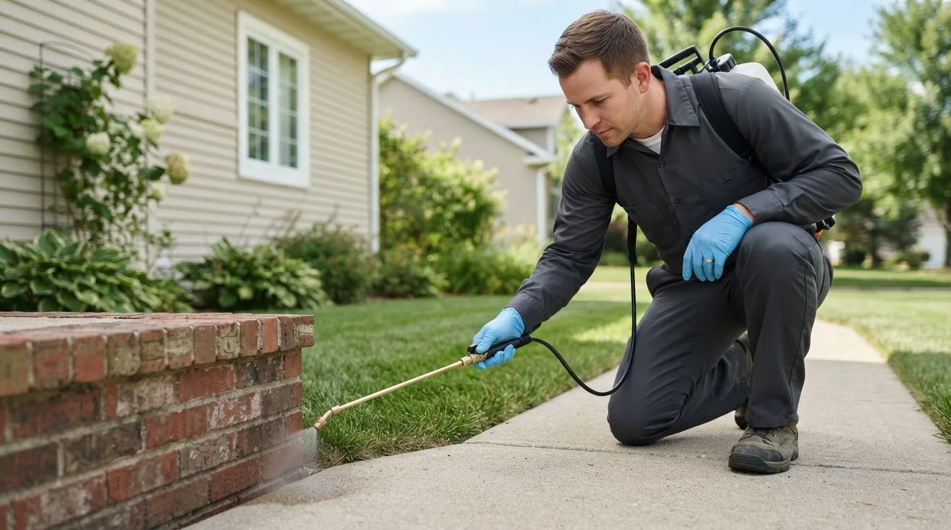 Pest control technician treating a home near Saint Peter, MN