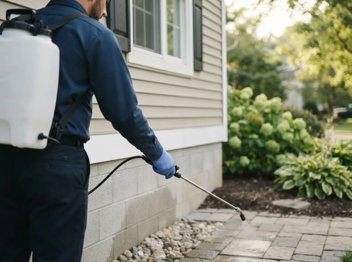 Pest control technician inspecting a home in Saint Peter, MN